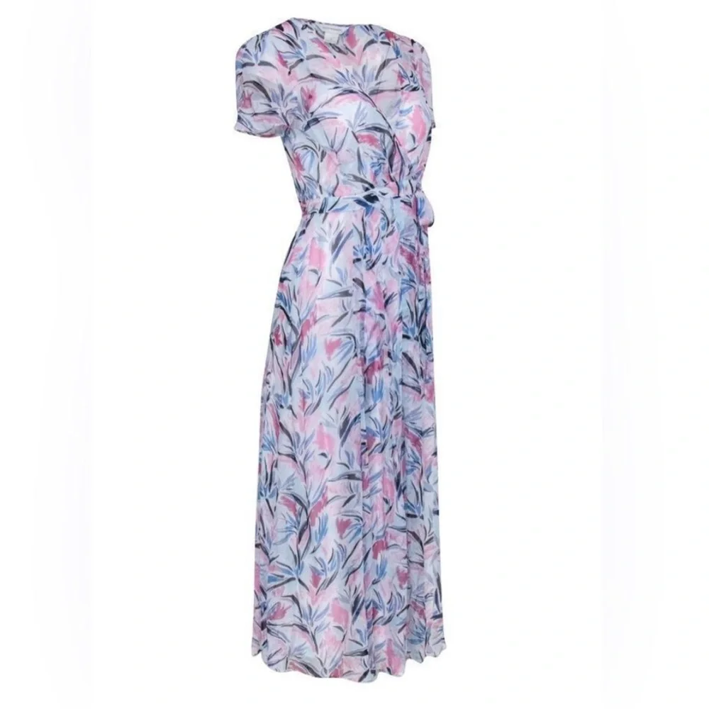 🆕 Club Monaco Birds of Paradise Maxi Wrap Dress Blue and Pink Chiffon, Size 4 - Picture 8 of 16